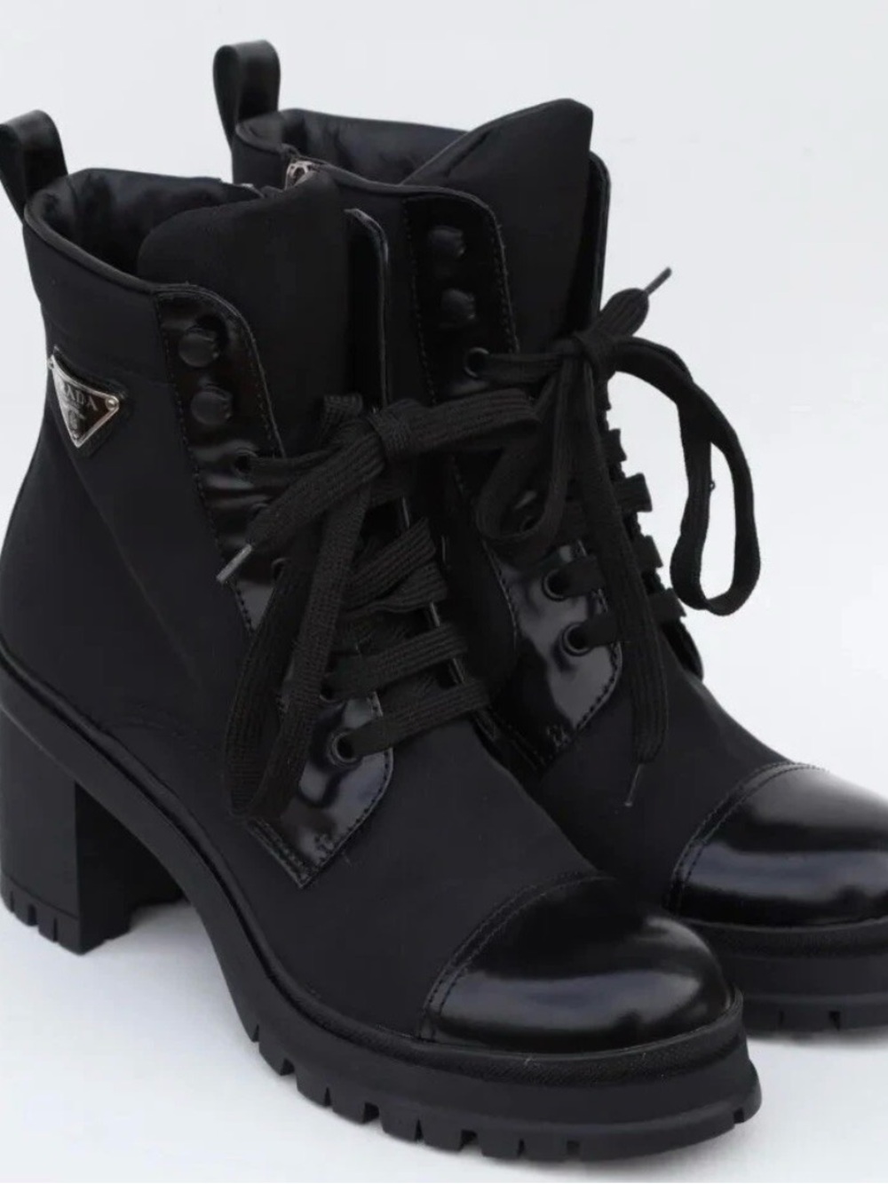 Prada Black Lace-Up Patent Accent Combat Boots